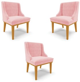 Kit 3 Cadeiras Decorativas Sala de Jantar Base Fixa de Madeira Firenze Suede Rosa Bebê/Castanho G19 - Gran Belo