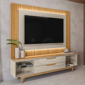 Conjunto Painel e Rack Bancada Singapura/Luanda TV até 85 Polegadas Tauari/Off White G77 - Gran Belo