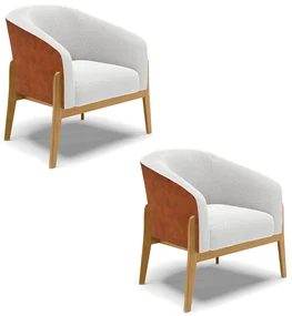 Poltrona Decorativa Base Madeira Kit 2 Stella PU Nozes/Bouclê Off White D03 - D'Rossi