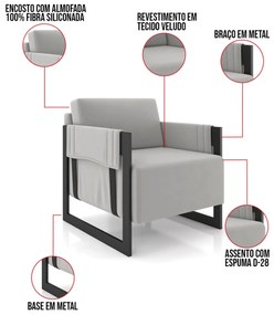 Poltrona Decorativa Base Industrial Rory Veludo K01 - D'Rossi - Cinza