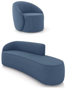 Sofá 4 Lugares Orgânico 220cm Morgan e Poltrona Lua Suede Azul M D03 - D'Rossi