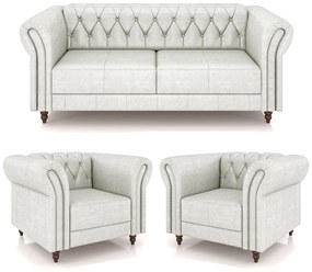 Conjunto Sala de Estar 1 Sofá Living 200cm e 2 Poltronas Stanford Chesterfield Pés Madeira Couro Branco Manchado G58 - Gran Belo