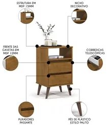 Mesa de Cabeceira Pés Retrô 2 Gavetas 43cm Roma Freijó - EJ Móveis