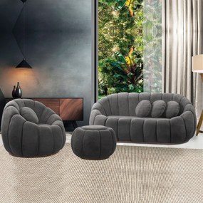 Sofá 2 Lugares com Puff e Poltrona Giratória Orgânica Cloud Bouclê Cinza Escuro E03 - D'Rossi