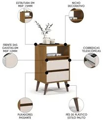 Mesa de Cabeceira Pés Retrô 2 Gavetas 43cm Roma Freijó/Off - EJ Móveis