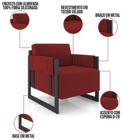 Poltrona Decorativa Base Industrial kit 2 Rory Veludo Vermelho K01 - D'Rossi