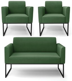 Sofá Namoradeira com 2 Poltronas Base Industrial Preto Marisa Suede Verde D03 - D'Rossi