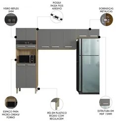 Armário de Cozinha Compacta 251cm Louis K02 Freijó/Gris - Mpozenato