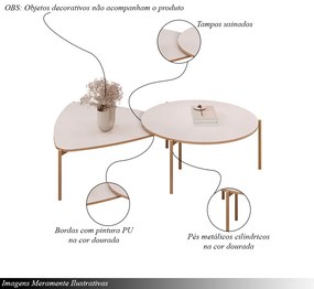 Conjunto Mesas de Centro Decorativas Oak e Dutton Pés Metálicos Dourados Off White G18 - Gran Belo