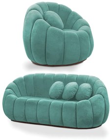 Sofá 2 Lugares com Poltrona Giratória Orgânica Cloud Bouclê Azul Turquesa E03 - D'Rossi