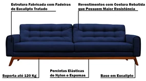 Sofá 3 Lugares Sala de Estar Eros 230 cm Veludo Azul Marinho Base Fixa G15 - Gran Belo