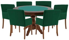 Mesa de Jogos Carteado Redonda Montreal Tampo Reversível Imbuia com 6 Cadeiras Vicenza Verde G36 G15 - Gran Belo