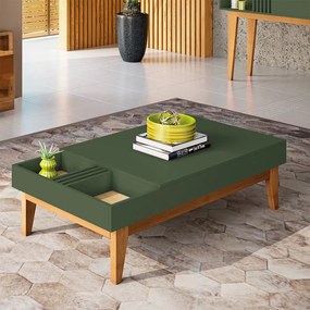 Mesa de Centro Decorativo Ripado Pés Madeira Maciça Bled Verde Pistache/Freijó G26 - Gran Belo