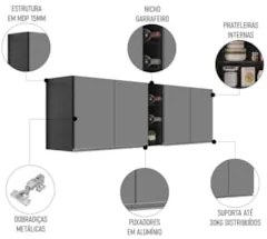 Armário de Cozinha Aéreo Califórnia 180cm Kit 2 c/ Nicho Adega Preto/C