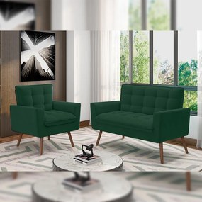 Conjunto Decorativo Sofá 2 Lugares e Poltrona Íxeres Veludo Verde G45 - Gran Belo