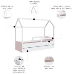 Cama Infantil Casinha Com 2 Gavetas Infix C06 Branco/Rosa - Mpozenato