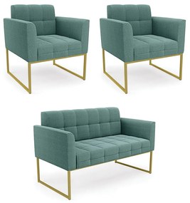 Namoradeira e 2 Poltronas Industrial Dourado Elisa Bouclê D03 - D'Rossi - Verde Menta