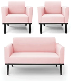 Conjunto 2 Poltronas e 1 Namoradeira Decorativa Isabella Pés Fixo em Madeira Preto Suede Rosa Bebê G19 - Gran Belo
