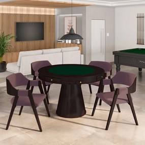 Conjunto Mesa de Jogos Carteado Bellagio Tampo Reversível e 4 Cadeiras Madeira Poker Base Cone Veludo Rosê/Tabaco G42 - Gran Belo