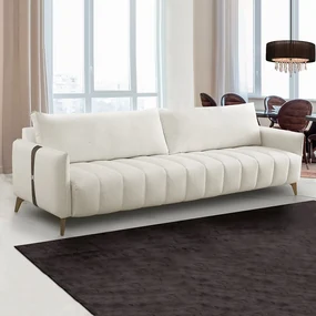 Sofá Sala de Estar Living Design Moderno 220cm Pés em Madeira Detalhe Lateral em PU Amadeu Veludo Bege G93 - Gran Belo