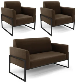 Sofá Namoradeira com 2 Poltronas Base Industrial Alta Preto Marisa Suede Marrom D03 - D'Rossi