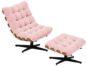 Kit 01 Poltrona e 01 Puff Giratório Costela Suede Base Metálica Preto - D'Rossi - Rosa Bebê