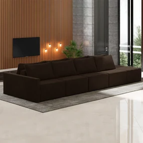 Sofá Ilha Modulado Milos 392cm Puff Lateral Veludo Marrom G33 - Gran Belo