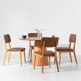 Conjunto Mesa de Jantar Dadi Orgânica 1,20m - Cinamomo + 4 Cadeiras Lalá Estofada - Cognac