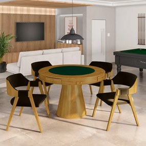 Conjunto Mesa de Jogos Carteado Bellagio Tampo Reversível e 4 Cadeiras Madeira Poker Base Cone Veludo Marrom/Mel G42 - Gran Belo