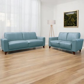 Conjunto de Sofás Decorativos 2 e 3 Lugares Emily Sala de Estar Pés em Eucalipto Couro Azul Celeste G40 - Gran Belo