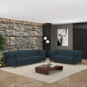 Conjunto de Sofá Sala de Estar Stanford Chesterfield 2 e 3 Lugares 200cm/240cm Pés Madeira Couro Azul Marinho G58 - Gran Belo