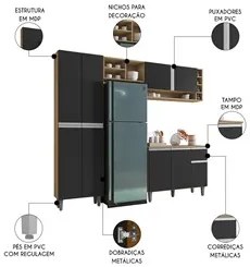 Cozinha Modulada 230cm 4 Peças Balcão e Aéreo Vanessa Amêndoa/Preto -