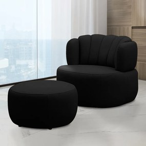 Conjunto Sala de estar Decorativo Mariele Poltrona Base Giratória em Aço com Puff Couro Preto G88 - Gran Belo