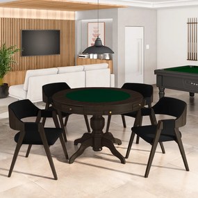 Conjunto Mesa de Jogos Carteado Bellagio Tampo Reversível e 4 Cadeiras Madeira Poker Base Estrela Veludo Preto/Capuccino G42 - Gran Belo