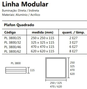 Plafon De Sobrepor Modular Quadrado 32X32Cm 03Xe27 Metal E Acrílico |... (ND-B - Nude Brilho)