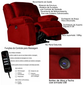Poltrona do Papai Reclinável Elétrica com Massagem e USB Magnum Veludo Vermelho G23 - Gran Belo