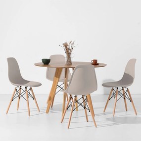 Conjunto Mesa de Jantar Square Redonda  Freijó - 88cm + 4 Cadeiras Eiffel - Bege Acinzentado