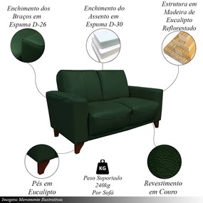 Conjunto de Sofás Decorativos 2 e 3 Lugares Emily Sala de Estar Pés em Eucalipto Couro Verde Brilho G40 - Gran Belo