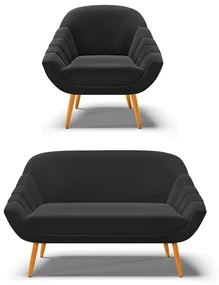 Kit 01 Namoradeira 02 Lugares e 01 Poltrona Giovana Suede Preto Pés Palito Castanho - D'Rossi