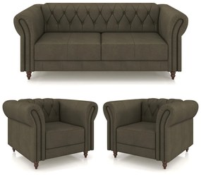 Conjunto Sala de Estar 1 Sofá Living 200cm e 2 Poltronas Stanford Chesterfield Pés Madeira Couro Capuccino G58 - Gran Belo