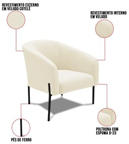 Poltrona Decorativa Pé de Ferro Preto Kit 2 Stella Cotelê Ext/Veludo D03 - D'Rossi - Off White