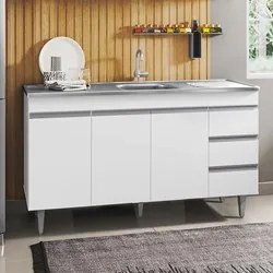 Balcão Gabinete com Pia Inox 150cm 3 Portas 3 Gavetas Andréia Branco -