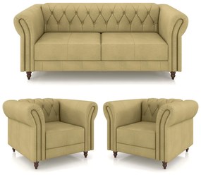 Conjunto Sala de Estar 1 Sofá Living 200cm e 2 Poltronas Stanford Chesterfield Pés Madeira Couro Bege G58 - Gran Belo