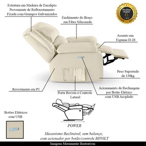 Poltrona do Papai Reclinável Melim Elétrica LED PU Bege FH1 - D'Rossi