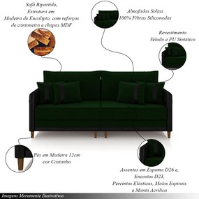 Sofá Living Montecarlo 2 Lugares Bipartido 172cm Pés em Madeira Veludo/PU Verde/Preto G33 - Gran Belo