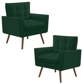 Kit 2 Poltronas Decorativos Pés de Madeira Íxeres Veludo Verde G45 - Gran Belo