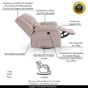 Poltrona do Papai Reclinável Sala de Cinema Madrid Glider Manual Giratória USB Veludo Rosê  G23