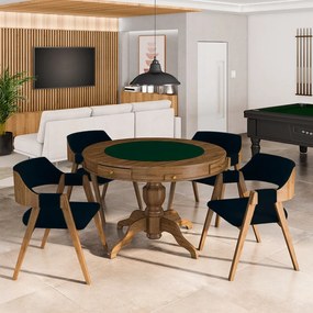 Conjunto Mesa de Jogos Carteado Bellagio Tampo Reversível e 4 Cadeiras Madeira Poker Base Estrela Veludo Azul Marinho/Nogueira G42 - Gran Belo