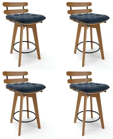 Kit 04 Banquetas Giratória Costela Suede Base Madeira MA70 - D'Rossi - Azul Marinho