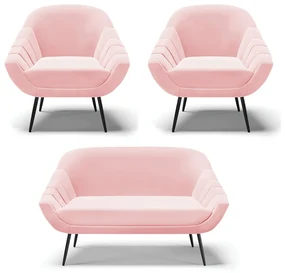 Kit 01 Namoradeira 02 Lugares e 02 Poltronas Giovana Suede Rosa Bebê Pés Palito De Ferro - D'Rossi